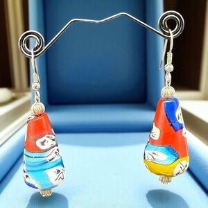 Vintage Millefiori Multicolor Glass Dangle Drop Teardrop Hook Earrings As Is